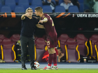 Ivan Juric head coach of Roma gives instructions to Gianluca Mancini centre-back of Roma and Italy during the UEFA Europa League 2024/25 Lea...