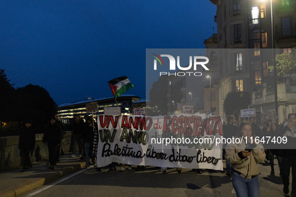 Pro-Palestinian protesters participate in demonstrations in Turin, Italy, on October 7, 2024. Despite restrictions issued by local police fo...