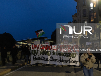 Pro-Palestinian protesters participate in demonstrations in Turin, Italy, on October 7, 2024. Despite restrictions issued by local police fo...