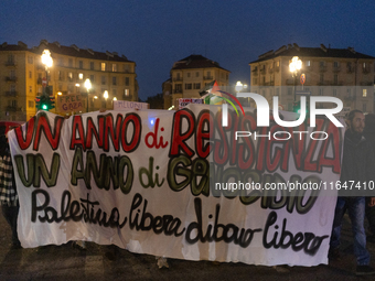 Pro-Palestinian protesters participate in demonstrations in Turin, Italy, on October 7, 2024. Despite restrictions issued by local police fo...