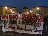 Pro-Palestinian protesters participate in demonstrations in Turin, Italy, on October 7, 2024. Despite restrictions issued by local police fo...