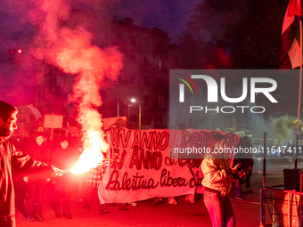 Pro-Palestinian protesters participate in demonstrations in Turin, Italy, on October 7, 2024. Despite restrictions issued by local police fo...