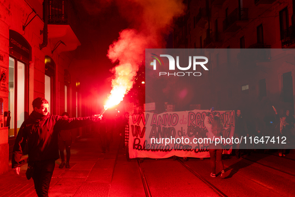 Pro-Palestinian protesters participate in demonstrations in Turin, Italy, on October 7, 2024. Despite restrictions issued by local police fo...