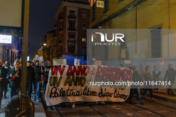 Pro-Palestinian protesters participate in demonstrations in Turin, Italy, on October 7, 2024. Despite restrictions issued by local police fo...