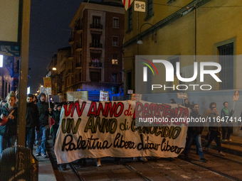 Pro-Palestinian protesters participate in demonstrations in Turin, Italy, on October 7, 2024. Despite restrictions issued by local police fo...