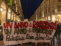 Pro-Palestinian protesters participate in demonstrations in Turin, Italy, on October 7, 2024. Despite restrictions issued by local police fo...