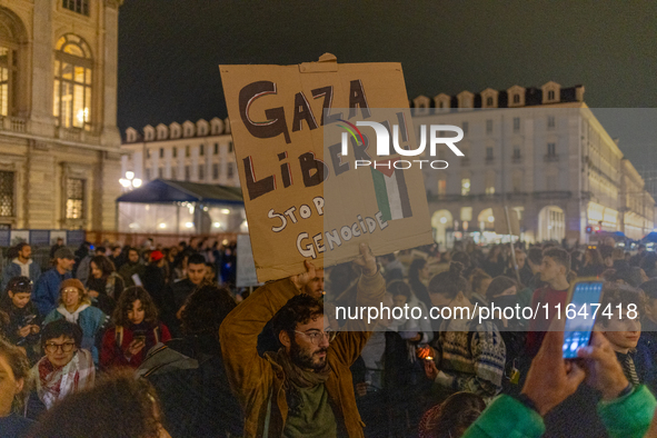 Pro-Palestinian protesters participate in demonstrations in Turin, Italy, on October 7, 2024. Despite restrictions issued by local police fo...