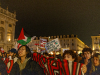 Pro-Palestinian protesters participate in demonstrations in Turin, Italy, on October 7, 2024. Despite restrictions issued by local police fo...