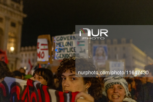 Pro-Palestinian protesters participate in demonstrations in Turin, Italy, on October 7, 2024. Despite restrictions issued by local police fo...