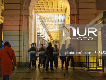 Pro-Palestinian protesters participate in demonstrations in Turin, Italy, on October 7, 2024. Despite restrictions issued by local police fo...