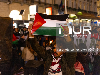 Pro-Palestinian protesters participate in demonstrations in Turin, Italy, on October 7, 2024. Despite restrictions issued by local police fo...