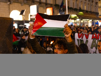 Pro-Palestinian protesters participate in demonstrations in Turin, Italy, on October 7, 2024. Despite restrictions issued by local police fo...