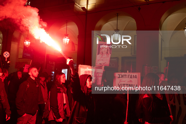 Pro-Palestinian protesters participate in demonstrations in Turin, Italy, on October 7, 2024. Despite restrictions issued by local police fo...