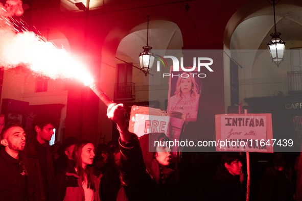 Pro-Palestinian protesters participate in demonstrations in Turin, Italy, on October 7, 2024. Despite restrictions issued by local police fo...