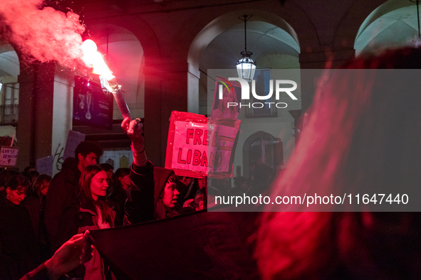 Pro-Palestinian protesters participate in demonstrations in Turin, Italy, on October 7, 2024. Despite restrictions issued by local police fo...