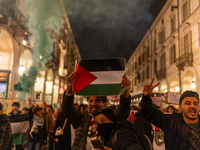 Pro-Palestinian protesters participate in demonstrations in Turin, Italy, on October 7, 2024. Despite restrictions issued by local police fo...