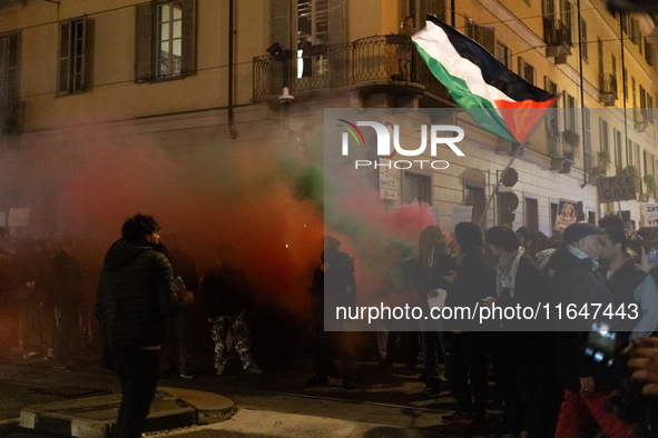 Pro-Palestinian protesters participate in demonstrations in Turin, Italy, on October 7, 2024. Despite restrictions issued by local police fo...