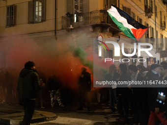 Pro-Palestinian protesters participate in demonstrations in Turin, Italy, on October 7, 2024. Despite restrictions issued by local police fo...