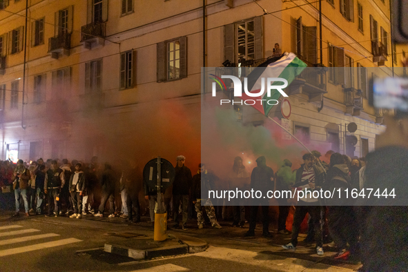 Pro-Palestinian protesters participate in demonstrations in Turin, Italy, on October 7, 2024. Despite restrictions issued by local police fo...