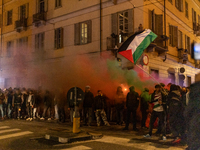 Pro-Palestinian protesters participate in demonstrations in Turin, Italy, on October 7, 2024. Despite restrictions issued by local police fo...