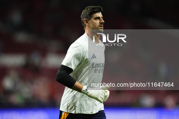 Thibaut Courtois goalkeeper of Real Madrid and Belgium during the warm-up before the LaLiga match between Atletico de Madrid and Real Madrid...