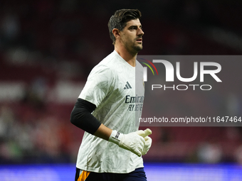 Thibaut Courtois goalkeeper of Real Madrid and Belgium during the warm-up before the LaLiga match between Atletico de Madrid and Real Madrid...