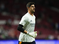 Thibaut Courtois goalkeeper of Real Madrid and Belgium during the warm-up before the LaLiga match between Atletico de Madrid and Real Madrid...