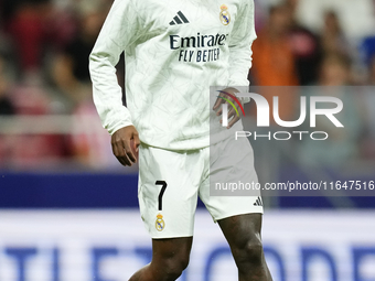 Vinicius Junior left winger of Real Madrid and Brazil during the warm-up before the LaLiga match between Atletico de Madrid and Real Madrid...