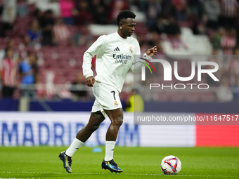 Vinicius Junior left winger of Real Madrid and Brazil during the warm-up before the LaLiga match between Atletico de Madrid and Real Madrid...