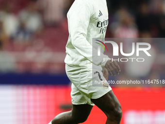 Vinicius Junior left winger of Real Madrid and Brazil during the warm-up before the LaLiga match between Atletico de Madrid and Real Madrid...