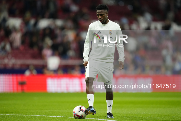 Vinicius Junior left winger of Real Madrid and Brazil during the warm-up before the LaLiga match between Atletico de Madrid and Real Madrid...