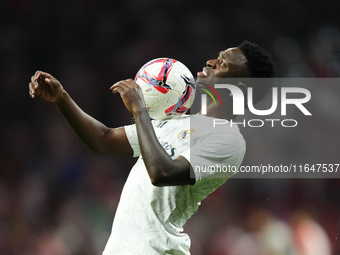 Vinicius Junior left winger of Real Madrid and Brazil during the warm-up before the LaLiga match between Atletico de Madrid and Real Madrid...