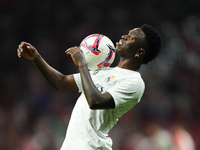 Vinicius Junior left winger of Real Madrid and Brazil during the warm-up before the LaLiga match between Atletico de Madrid and Real Madrid...