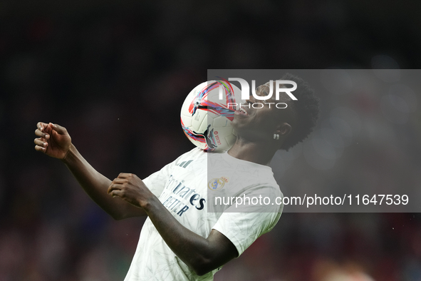 Vinicius Junior left winger of Real Madrid and Brazil during the warm-up before the LaLiga match between Atletico de Madrid and Real Madrid...