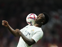 Vinicius Junior left winger of Real Madrid and Brazil during the warm-up before the LaLiga match between Atletico de Madrid and Real Madrid...