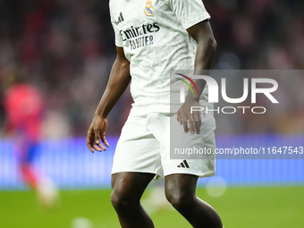 Vinicius Junior left winger of Real Madrid and Brazil during the warm-up before the LaLiga match between Atletico de Madrid and Real Madrid...