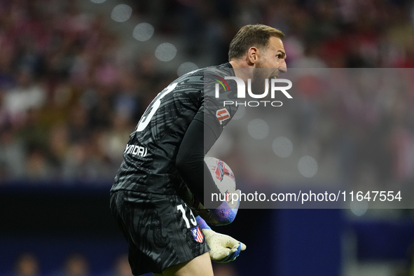 Jan Oblak goalkeeper of Atletico de Madrid and Slovenia reacts during the LaLiga match between Atletico de Madrid and Real Madrid CF  at Est...