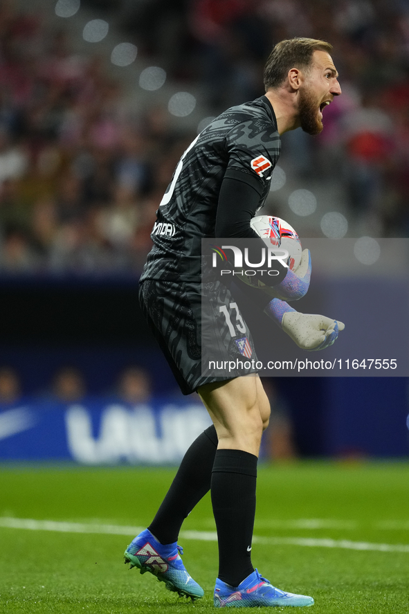 Jan Oblak goalkeeper of Atletico de Madrid and Slovenia reacts during the LaLiga match between Atletico de Madrid and Real Madrid CF  at Est...