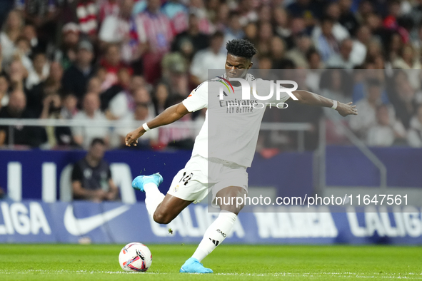 Aurelien Tchouameni defensive midfield of Real Madrid and France does passed during the LaLiga match between Atletico de Madrid and Real Mad...