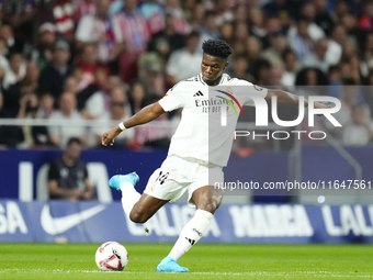 Aurelien Tchouameni defensive midfield of Real Madrid and France does passed during the LaLiga match between Atletico de Madrid and Real Mad...