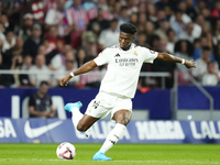 Aurelien Tchouameni defensive midfield of Real Madrid and France does passed during the LaLiga match between Atletico de Madrid and Real Mad...