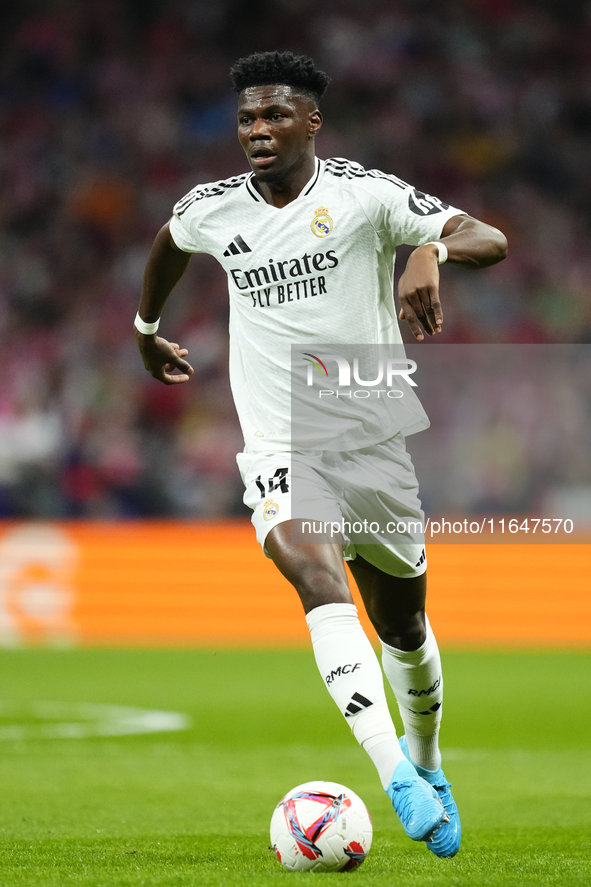 Aurelien Tchouameni defensive midfield of Real Madrid and France during the LaLiga match between Atletico de Madrid and Real Madrid CF  at E...