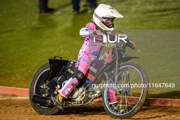 Jessica Cox performs a few demonstration laps prior to the main meeting during the WSRA National Development League match between Belle Vue...