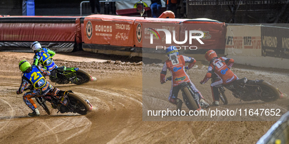 Belle Vue Colts' Luke Muff in blue pulls up as he is passed by Sheffield Cubs' Nathan Ablitt in white, Sheffield Cubs' Mickie Simpson in yel...