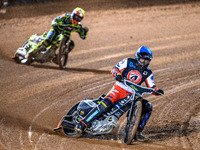 Matt Marson of Belle Vue Colts in blue leads Ace Pijper of Sheffield Cubs in yellow during the WSRA National Development League match betwee...