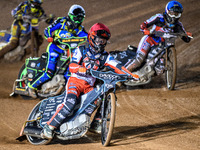 Freddy Hodder of Belle Vue Colts in Red leads Chad Wirtzfeld of Belle Vue Colts in Blue and Luke Harrison of Sheffield Cubs in White during...