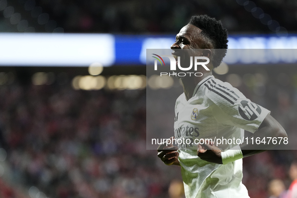 Vinicius Junior left winger of Real Madrid and Brazil reacts during the LaLiga match between Atletico de Madrid and Real Madrid CF  at Estad...