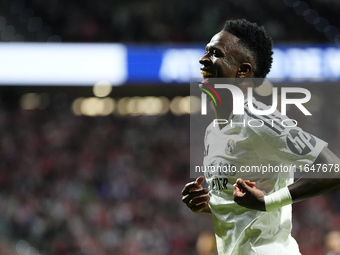 Vinicius Junior left winger of Real Madrid and Brazil reacts during the LaLiga match between Atletico de Madrid and Real Madrid CF  at Estad...