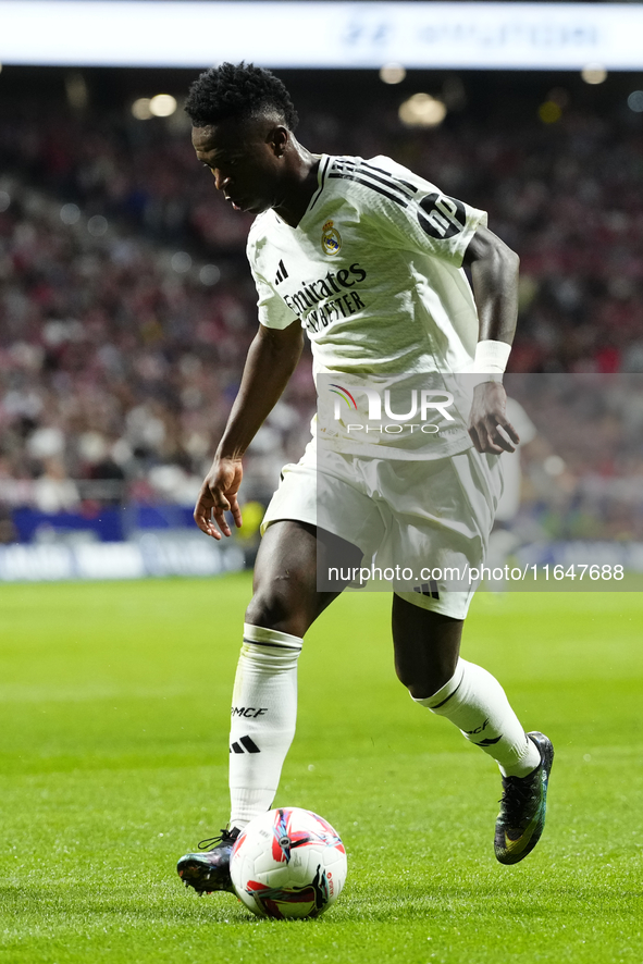 Vinicius Junior left winger of Real Madrid and Brazil reacts during the LaLiga match between Atletico de Madrid and Real Madrid CF  at Estad...