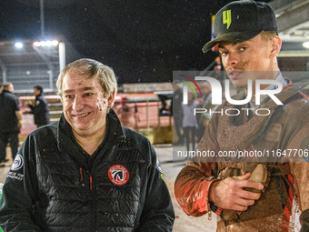 Belle Vue Colts' Joint Team Manager Graham Goodwin (left) stands with Belle Vue Colts' Freddy Hodder during the WSRA National Development Le...